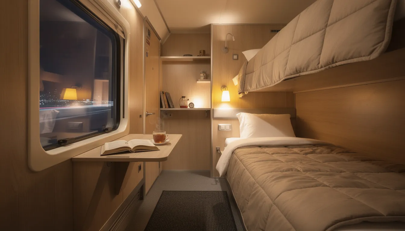 Essential Europe Train Map: Your Guide to Rail Travel in 2026 The image depicts the cozy interior of a sleeper train cabin featuring two bunk beds bathed in warm lighting, creating a welcoming atmosphere for travelers embarking on a night train journey through Europe. This comfortable setting is ideal for planning your perfect rail adventure, connecting to popular cities and destinations across various countries.