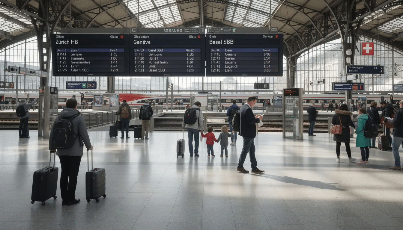 Interrail in Switzerland The image depicts a bustling Swiss train station concourse filled with travelers navigating through crowds, while departure boards display various train schedules. This vibrant scene highlights the efficiency of Swiss trains and the excitement of interrail travel in Switzerland, as visitors prepare for journeys to major Swiss cities and scenic routes like the Glacier Express and Bernina Express.