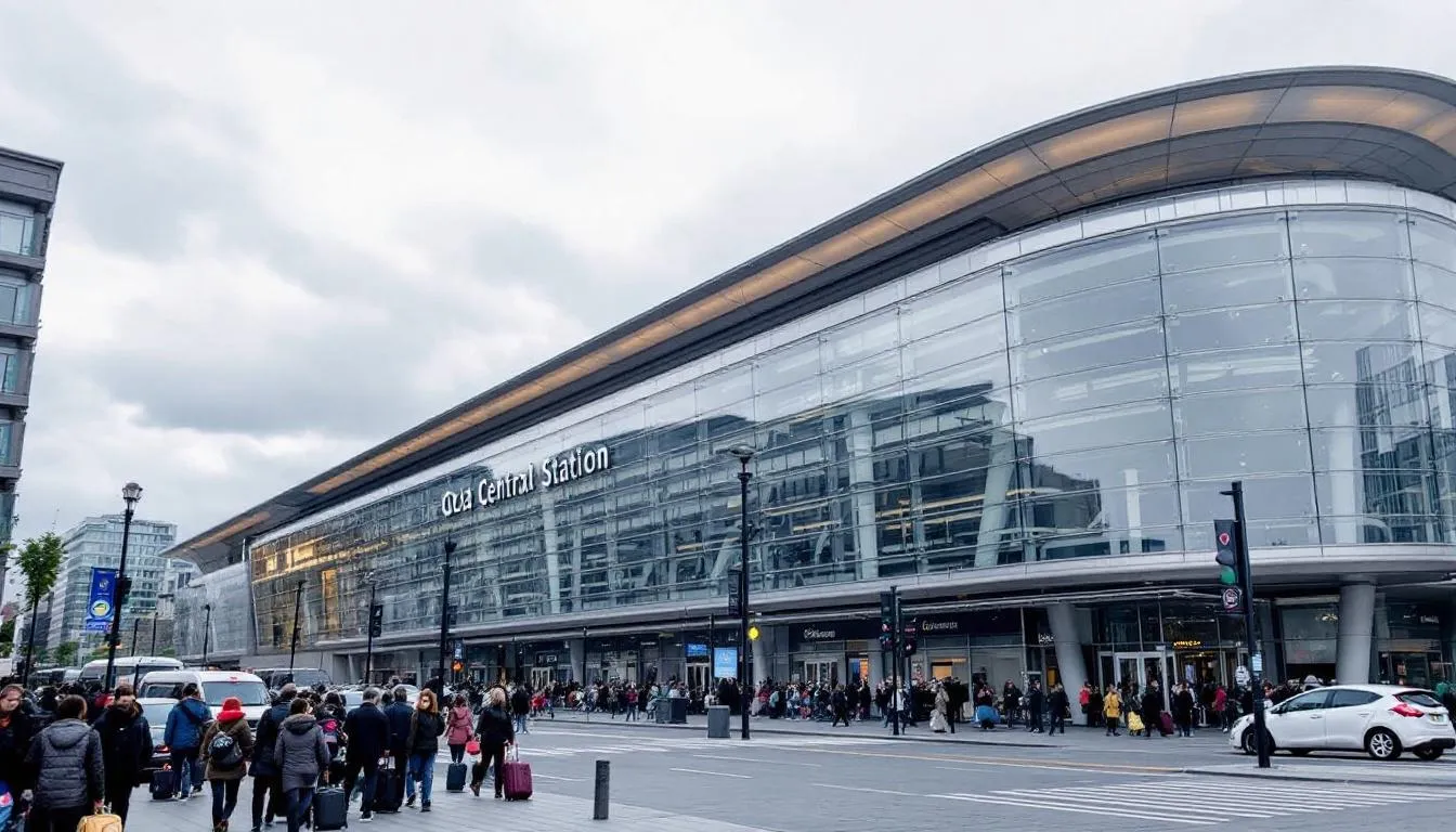 Trains in Norway The image shows the modern exterior of Oslo Central Station, bustling with travelers amidst the urban surroundings of Norway's capital city. This key hub in the norwegian railway system connects various train operators and routes, facilitating rail journeys across the country, including long distance trains to Bergen and other larger cities.