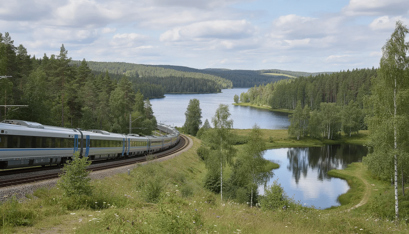 Interrail i Sverige Ett modernt passagerartåg glider genom den pittoreska svenska landsbygden, omgiven av frodiga skogar och fridfulla sjöar, vilket visar Sveriges naturliga skönhet. Den här scenen belyser hur attraktivt det är att resa med tåg i Sverige, oavsett om du använder ett Interrailkort eller njuter av utsikten från ett sj-höghastighetståg.