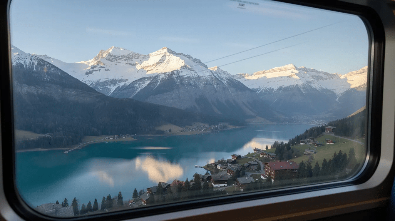 Paris to Florence by Train The image shows snow-capped Alpine mountains visible from the window of a high-speed train, with a serene lake nestled in the valley below, capturing the beauty of a scenic train journey through the region. This picturesque view enhances the experience of traveling from Paris to Florence, highlighting the stunning landscapes along the route.
