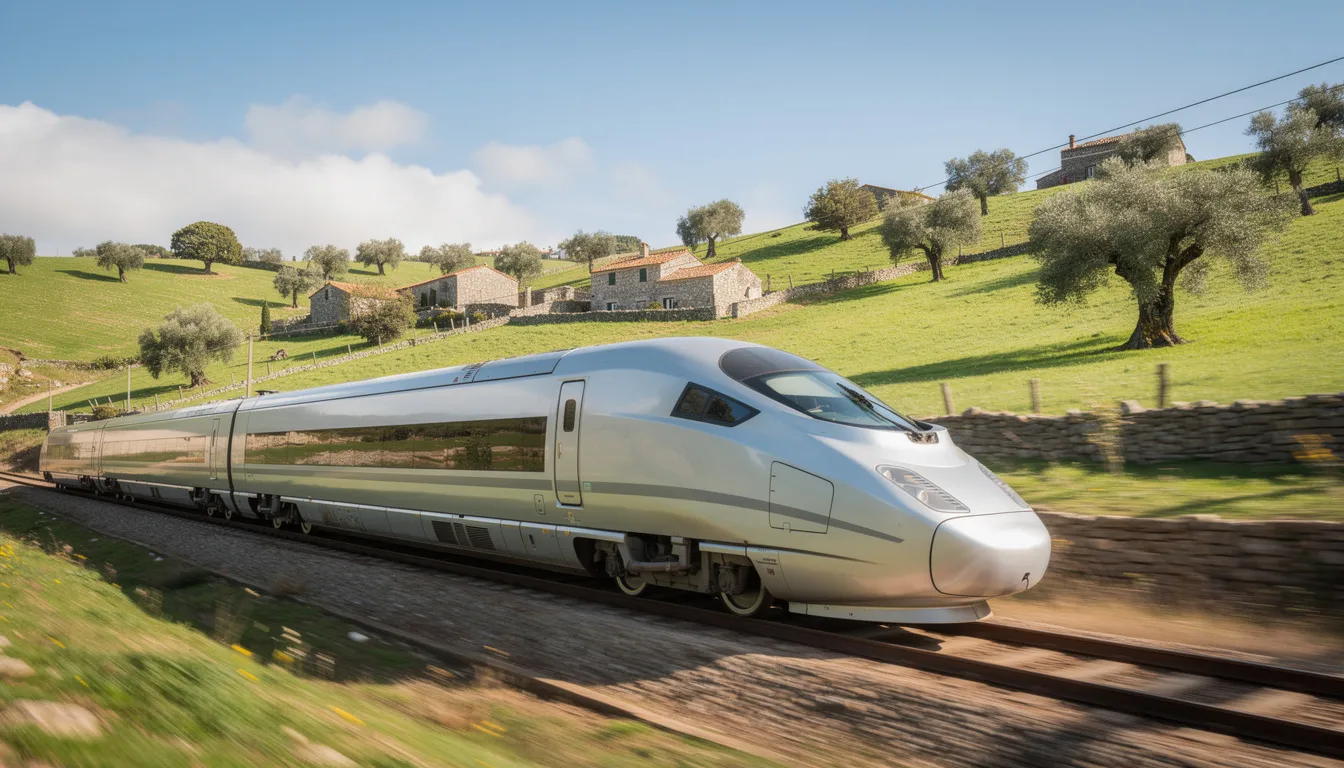 Interrail in Portugal A sleek silver high-speed train, resembling the Alfa Pendular, glides through the lush green hills of the Portuguese countryside, showcasing the beautiful landscapes of Portugal. This modern transport option is ideal for travelers exploring the country with an Interrail Portugal pass, connecting cities like Lisbon and Porto.