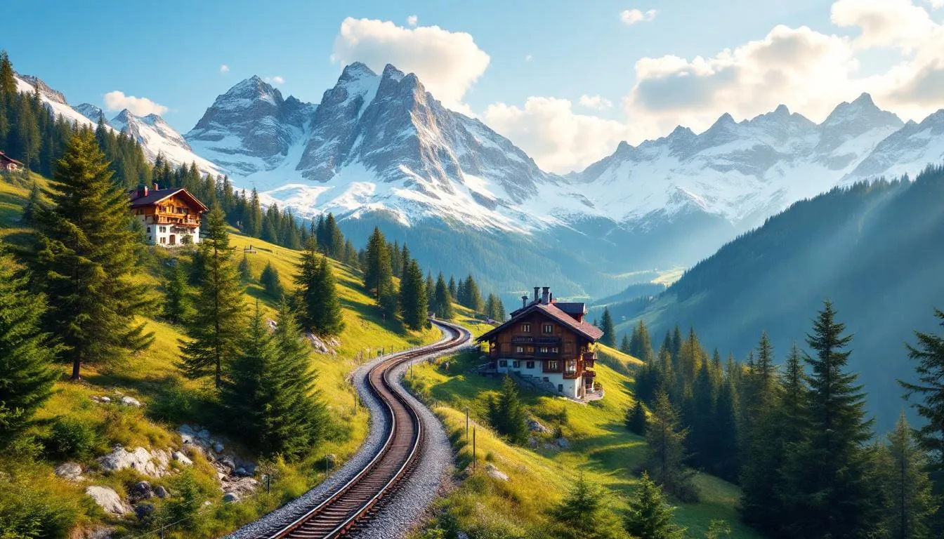 Trains in Switzerland A scenic mountain railway track winds through a picturesque alpine landscape, featuring traditional Swiss chalets nestled among rolling green hills and towering snow-capped peaks. This image captures the essence of train travel in Switzerland, showcasing the beauty of the Swiss Alps and the charm of the Swiss railway network.