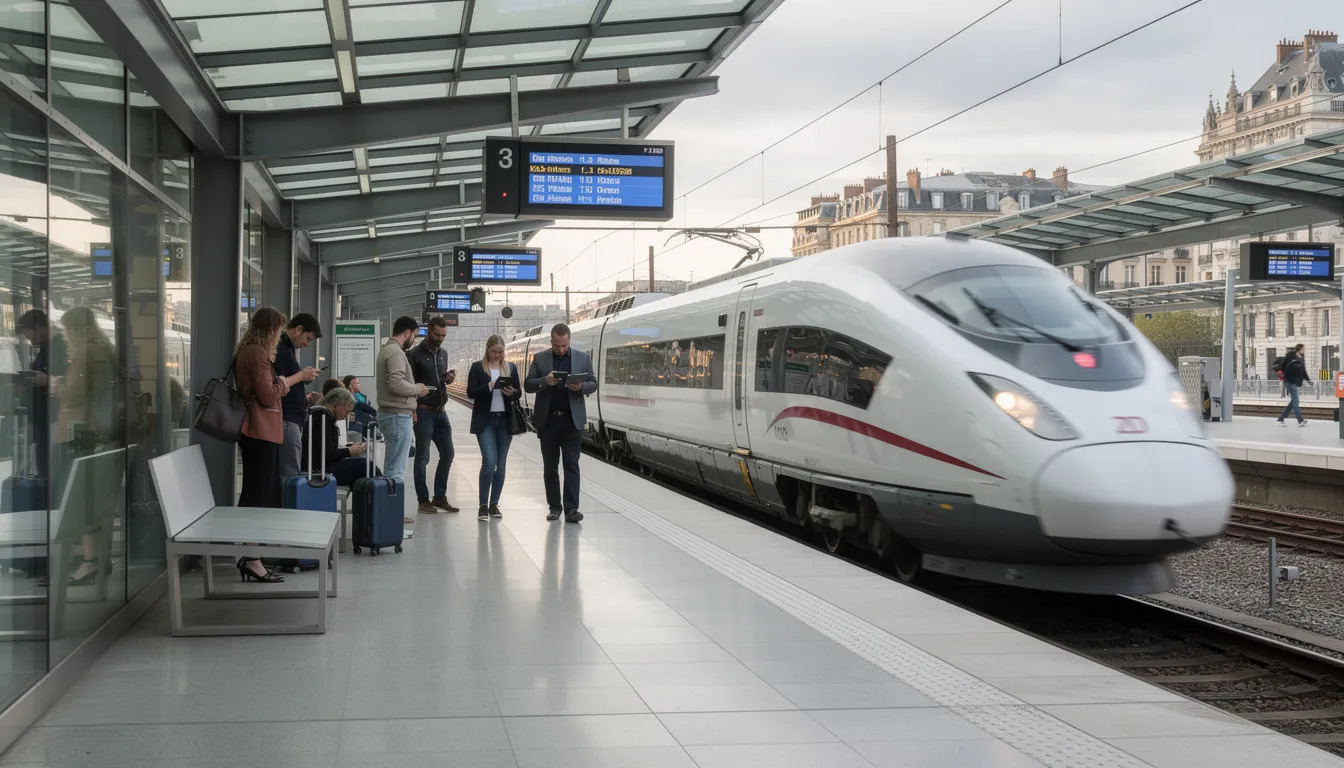 Train Fares Europe: How to Find, Compare and Save on Tickets A modern high-speed train arrives at a contemporary European railway platform, where passengers eagerly wait to board. The scene captures the bustling atmosphere of a major train station, highlighting the convenience of booking train tickets for travel across vibrant cities in Europe.
