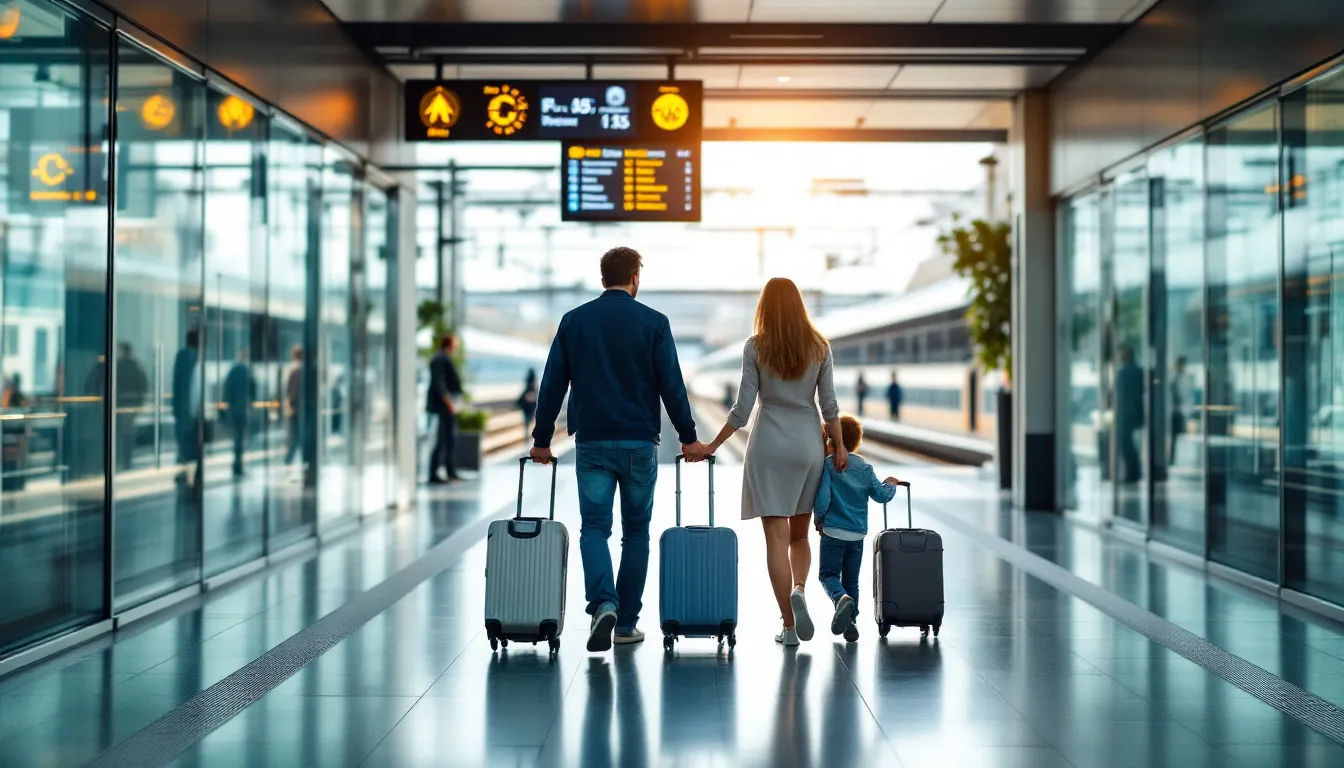 Interrail One Country Pass A family with luggage is walking through a modern train station towards their platform, ready to embark on a journey that may involve unlimited train travel across Europe with their Interrail Pass. The bustling environment reflects the excitement of travelers planning their trip to various destinations.