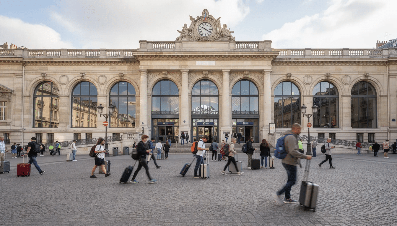 Das Bild zeigt die imposante Außenansicht eines europäischen Bahnhofs mit eleganten Rundbogenfenstern und einer lebendigen Szene von Reisenden mit Gepäck. Dieses markante Gebäude dient als Tor für alle, die Lettland und die Nachbarländer per Zug erkunden.