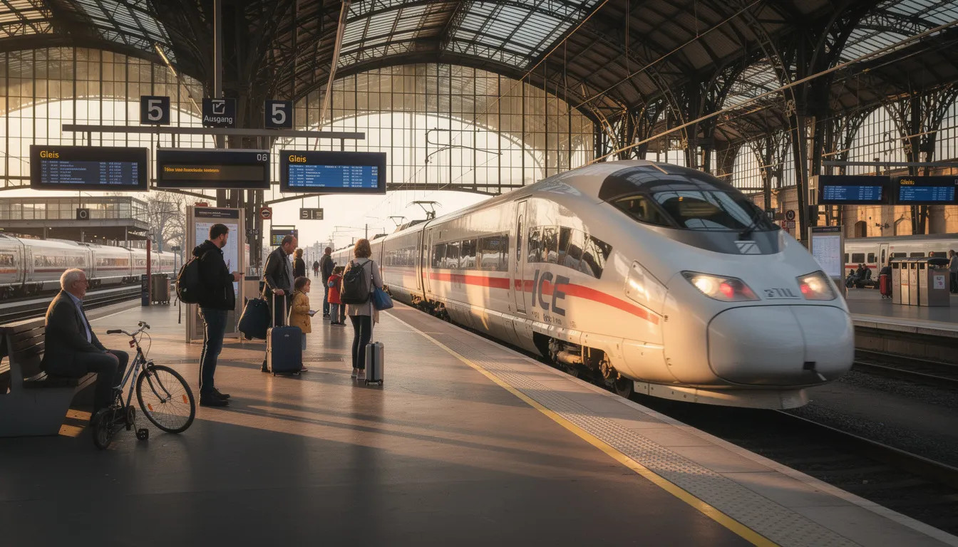 Interrail in Germany A modern ICE high-speed train is arriving at a bustling German railway station platform, where travelers eagerly await their journeys. The lively atmosphere showcases a mix of people, some holding interrail passes, ready to explore various German cities and beyond.