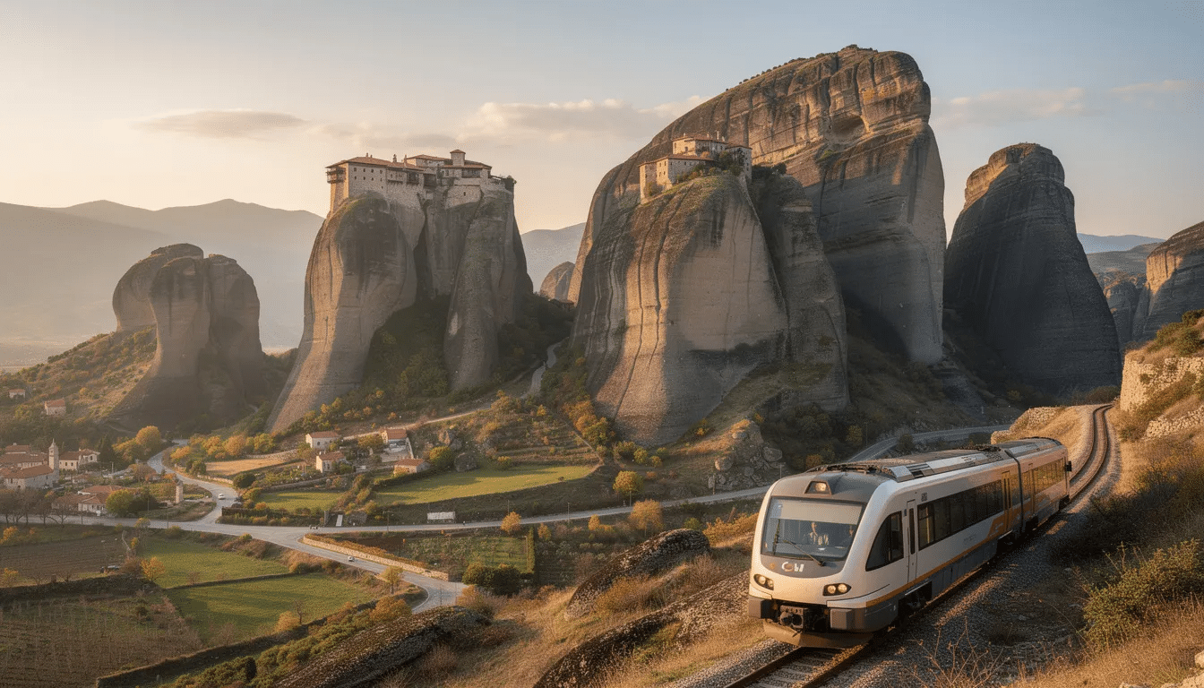 Interrail i Grekland Ett tåg färdas genom det fantastiska bergslandskapet nära Meteora i Grekland, med klippiga klippor och frodig grönska som omger spåren. Den här scenen fångar essensen av interrailresor i Grekland och visar det vackra landskap som resenärerna kan uppleva på sin resa.
