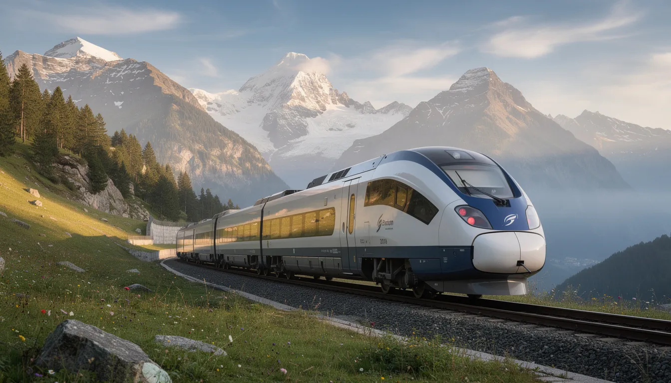 Eurail One Country Pass A sleek modern European passenger train speeds through a breathtaking mountain landscape, showcasing the beauty of nature as it travels on scenic routes. This train ride exemplifies the convenience of the Eurail pass, allowing travelers to explore various destinations in Europe effortlessly.