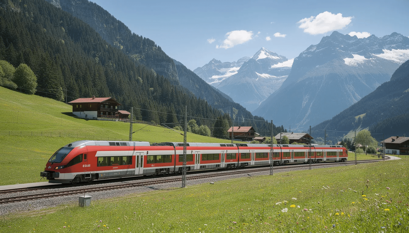 Interrail in Switzerland A Swiss intercity train is traveling through a lush green Alpine valley, with majestic mountains rising in the background, showcasing the breathtaking scenery that makes interrail in Switzerland a popular choice for travelers. The image captures the essence of scenic train journeys, inviting passengers to explore major Swiss cities and enjoy the beauty of the countryside.