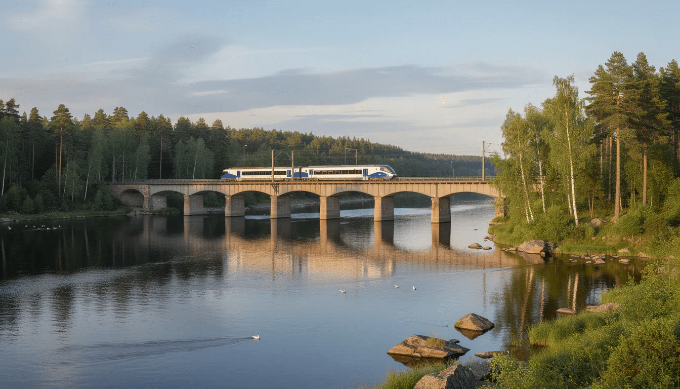 Interrail i Litauen En pittoresk järnvägsbro spänner över en lugn flod i Baltikum, omgiven av frodigagrönt, perfekt för naturälskare. Den här natursköna rutten är idealisk för resenärer som utforskar Litauens rika historia och kultur och gör den till en minnesvärd del av vilket Interrail-äventyr som helst.