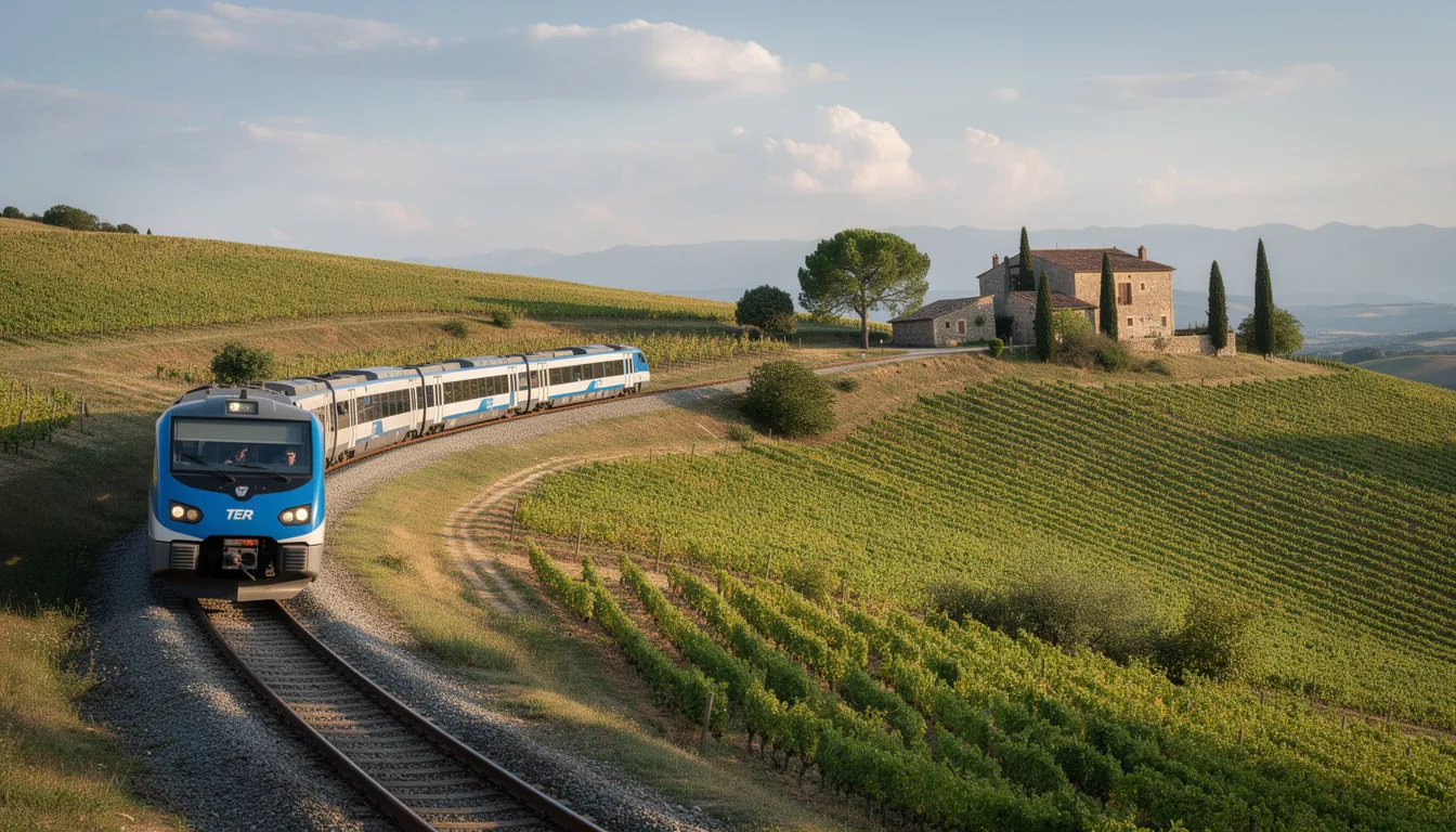 Interrail in France A regional TER train glides through the picturesque rolling hills of the French countryside, surrounded by lush vineyards. This scenic train travel is a perfect way to explore the beauty of France, ideal for interrail pass holders looking to enjoy the tranquil landscapes.