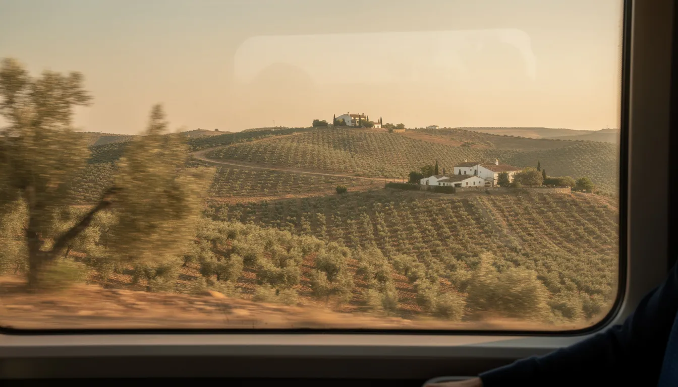 Interrail in Spain The image captures a picturesque Spanish countryside landscape as seen through a train window, featuring rolling hills adorned with lush olive groves. This serene view highlights the beauty of traveling through Spain on intercity trains, making it an ideal scene for those exploring the country with an interrail pass.