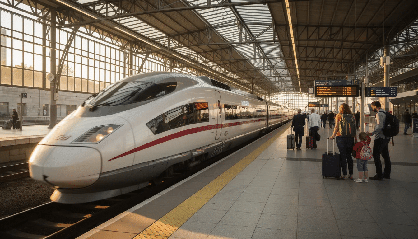 Interrail on Eurostar: How to Use Your Rail Pass with Confidence A high-speed Eurostar train is arriving at a modern European train station platform, where passengers are waiting in anticipation. The scene captures the bustling atmosphere of travel, with people preparing for their journeys across cities like London, Paris, and Brussels using their interrail passes.