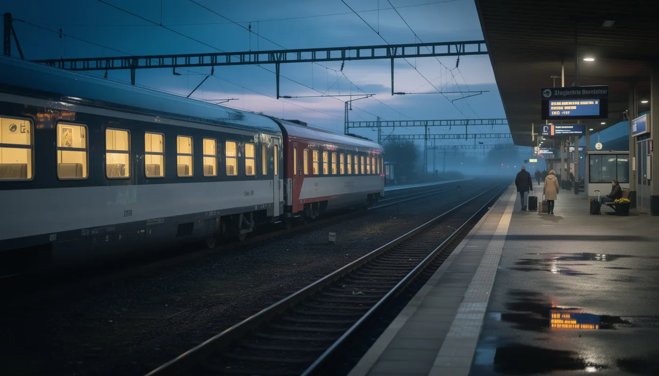 Interrail in Germany A night train with sleeping cars is parked at a German railway platform, illuminated by soft lights in the evening hours, creating a lively atmosphere for travellers preparing for their journey across Germany. The train, part of the Deutsche Bahn network, offers a glimpse into the rich history of rail travel in Western Europe, inviting passengers to explore various German cities and beyond with their interrail pass.