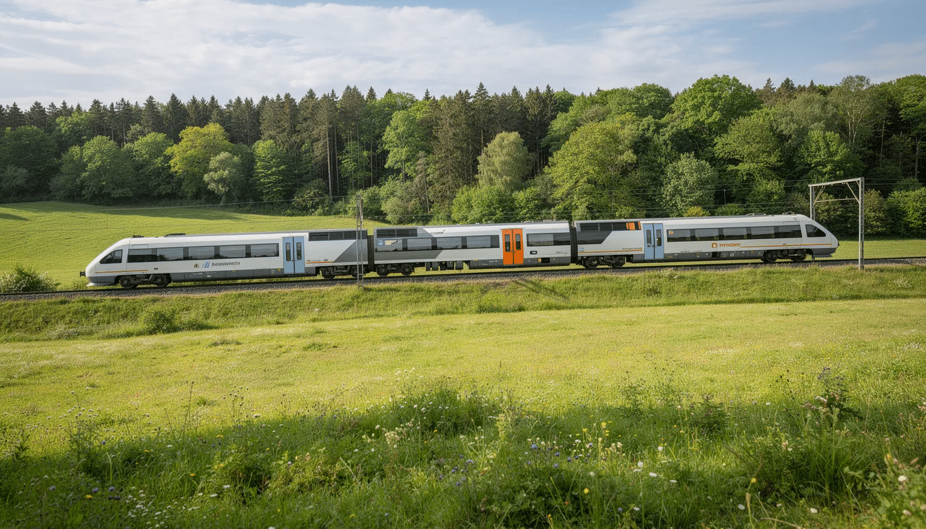 Interrail i Lettland Ett modernt regionaltåg färdas genom det frodigagröna lettiska landsbygden, med livliga tallskogar i bakgrunden, och visar naturskönheten i regionen. Bilden fångar kärnan i en inlevelsefull reseupplevelse i Lettland, perfekt för dem som utforskar Baltikum med ett Interrailkort.