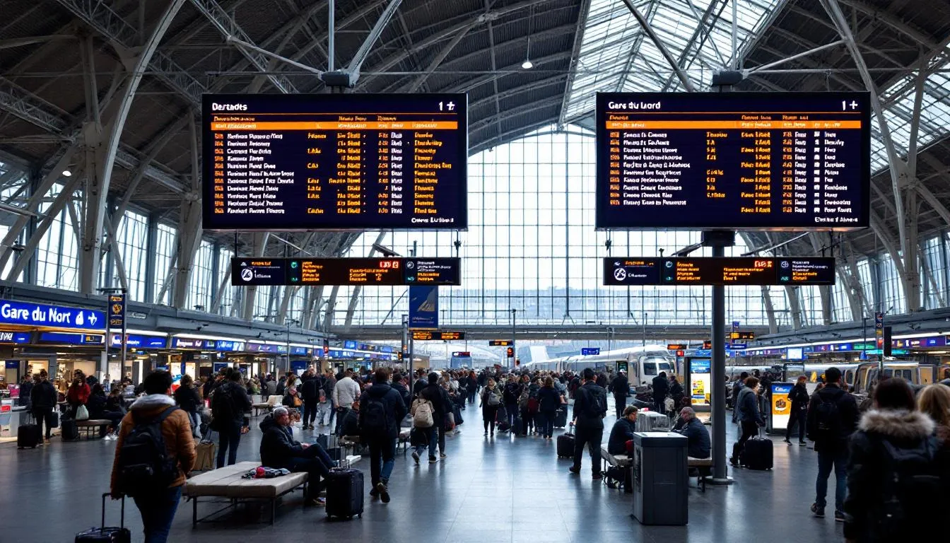 Trains in France The interior of Paris Gare du Nord station features bustling passenger areas and digital departure boards displaying train schedules for various services, including TGV trains and regional services. Travelers can be seen buying train tickets and making seat reservations for their journeys to major cities across France and beyond.