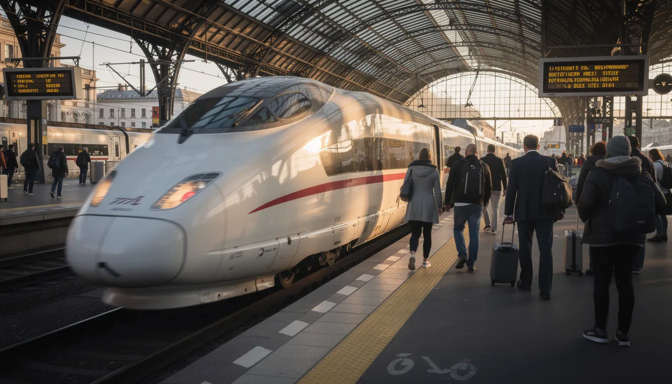 What is a Eurail Pass? A modern high-speed train is arriving at a busy European train station platform, where travelers are eagerly waiting to board. The scene captures the essence of train travel in Europe, highlighting the convenience of the Eurail pass for unlimited train travel across 33 countries.