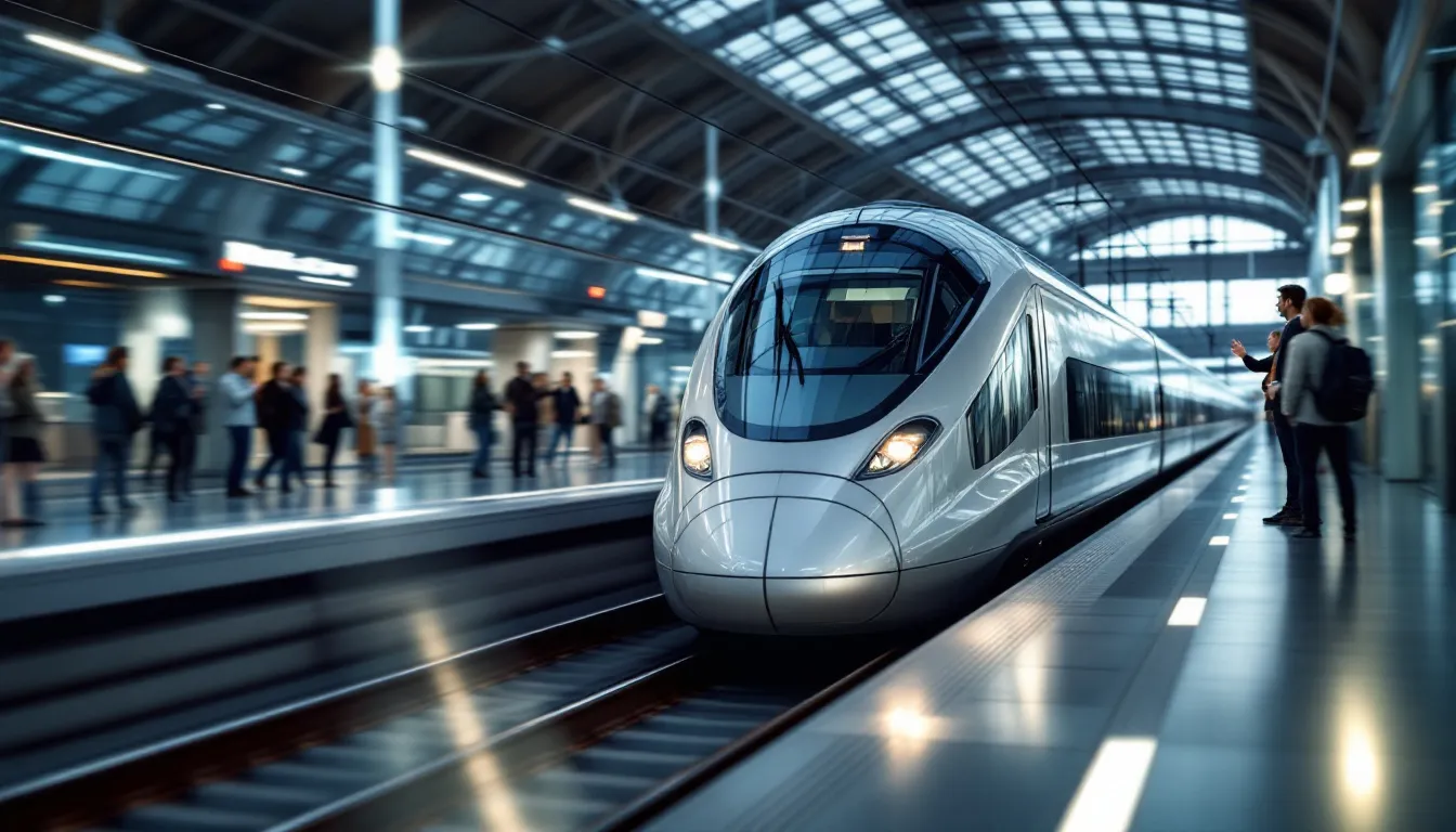 Interrail Global Pass A sleek European high-speed train is departing from a modern station platform, showcasing its streamlined design and vibrant colors. The scene captures the excitement of rail travel across 33 European countries, offering unlimited train travel options with various interrail passes.