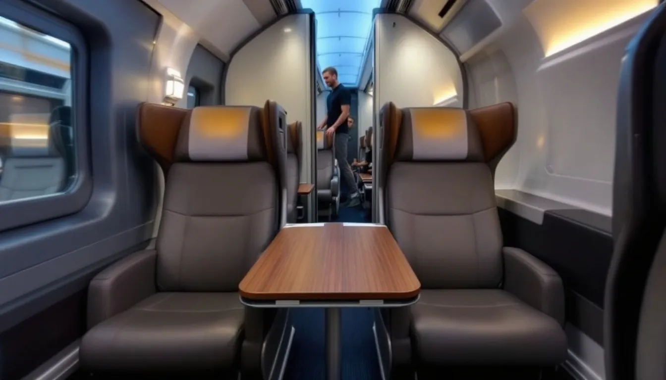 Rail Passes The image depicts the interior of a modern train, showcasing the differences between first and second class seating; the first class area features spacious, plush seats and amenities, while the second class offers more compact seating arrangements. This visual highlights the comfort options available for travelers using rail passes, such as the Eurail Pass, for unlimited train travel across Europe.