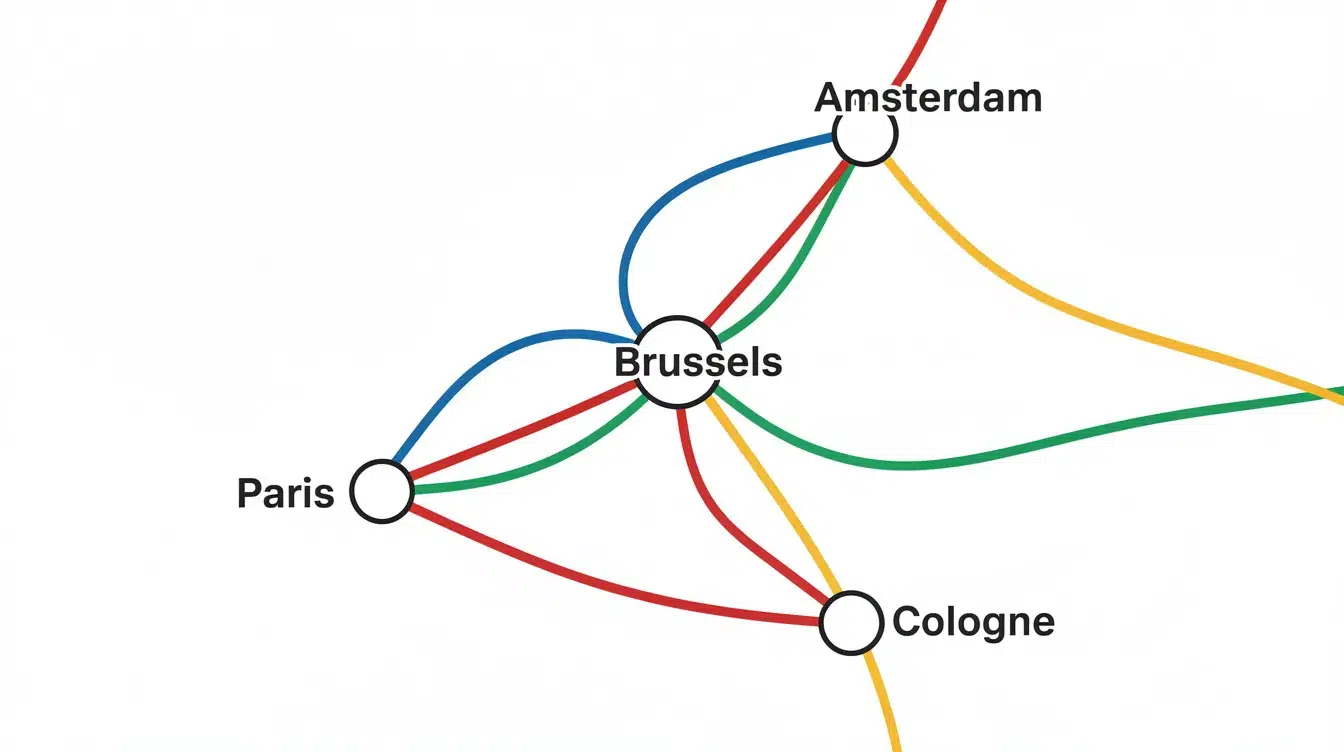Thalys Train: Practical Guide to High-Speed Travel Between Paris, Brussels, Amsterdam & Cologne The image depicts a simplified schematic of Thalys routes, illustrating the high-speed train connections between Paris, Brussels, Amsterdam, and Cologne with colored lines, highlighting popular routes in Western Europe. This visual representation emphasizes the direct connections available for travelers looking to explore these major cities.