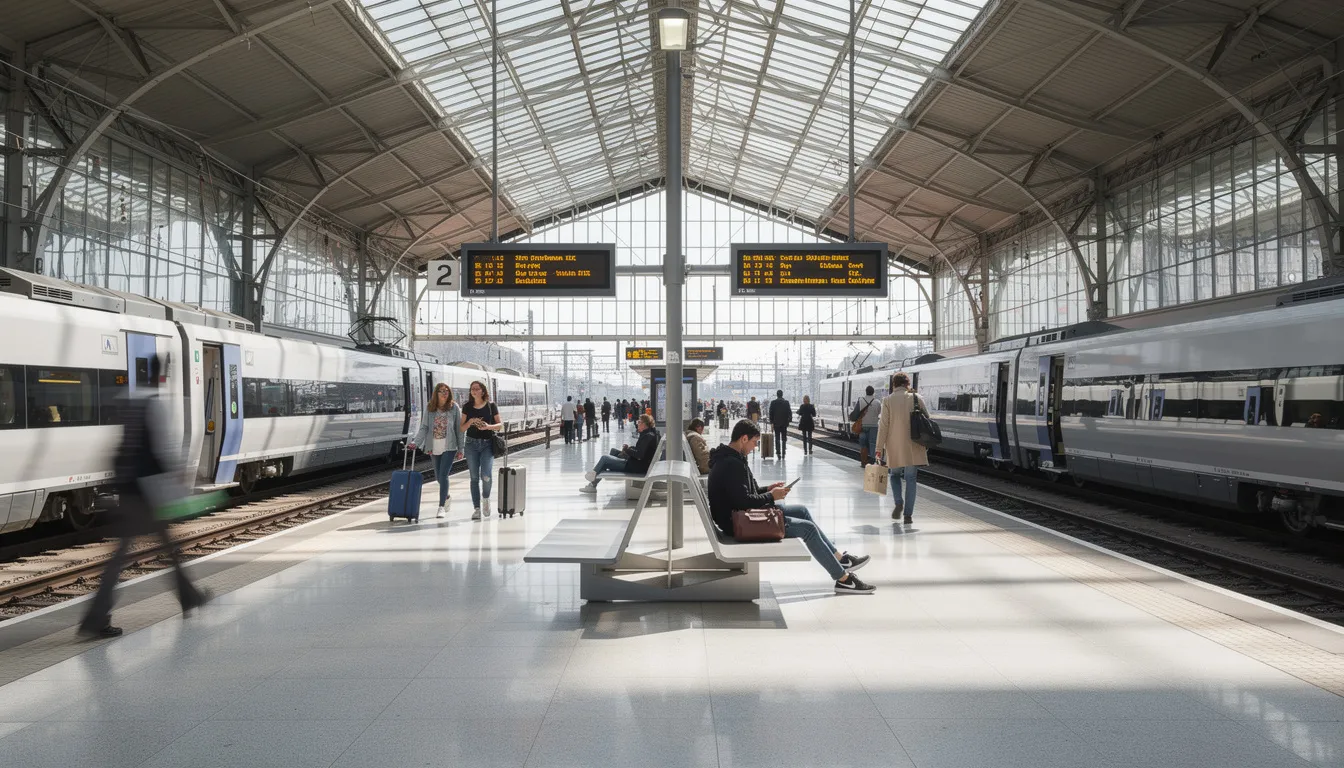 Trains in Latvia The image depicts the interior of a modern railway station, showcasing passengers walking on platforms with various passenger trains visible. This bustling scene highlights the connectivity of Riga Central Station in Latvia, where travelers can access train schedules, purchase train tickets, and explore routes to destinations across the Baltic countries and beyond.