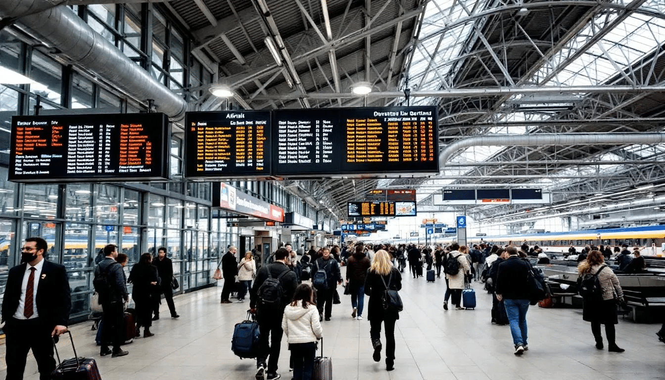 Trains in United Kingdom A busy train station concourse features modern architecture with electronic departure boards displaying train times, while passengers with luggage navigate through the area. This vibrant scene reflects the hustle of train travel in the UK national rail network, where travelers can buy train tickets and plan their journeys efficiently.