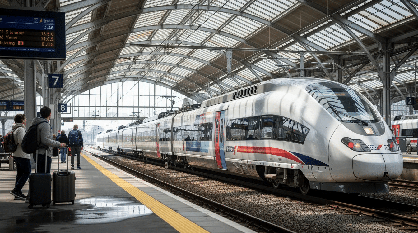 Bästa tågen till Poznan: Prisvärda biljetter och tidtabeller förklarade Ett modernt europeiskt intercitytåg väntar på en täckt plattform, redo att påbörja sin resa till olika destinationer som Poznań och Berlin. Passagerarna kan köpa tågbiljetter för direktförbindelser och njuta av bekväma resetjänster när de planerar sin resa från stadens centrum.