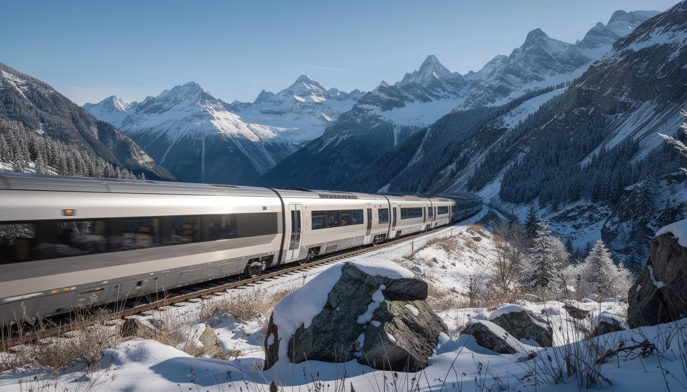 What is a Eurail Pass? A train travels through a breathtaking European mountain landscape, showcasing snow-capped peaks in the background. This scenic view highlights the beauty of train travel in Europe, perfect for those exploring with an Eurail pass, which allows for unlimited train travel across 33 countries.