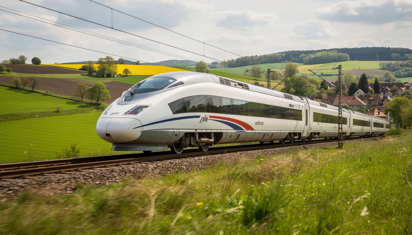 How Fast Does Eurostar Go? A Look at Its High-Speed Travel Experience A sleek, modern high-speed Eurostar train is seen racing through the lush green countryside of northern France, showcasing its impressive design as it travels on dedicated high-speed tracks. The scene captures the essence of efficient rail travel, connecting cities like London to Paris through scenic landscapes.