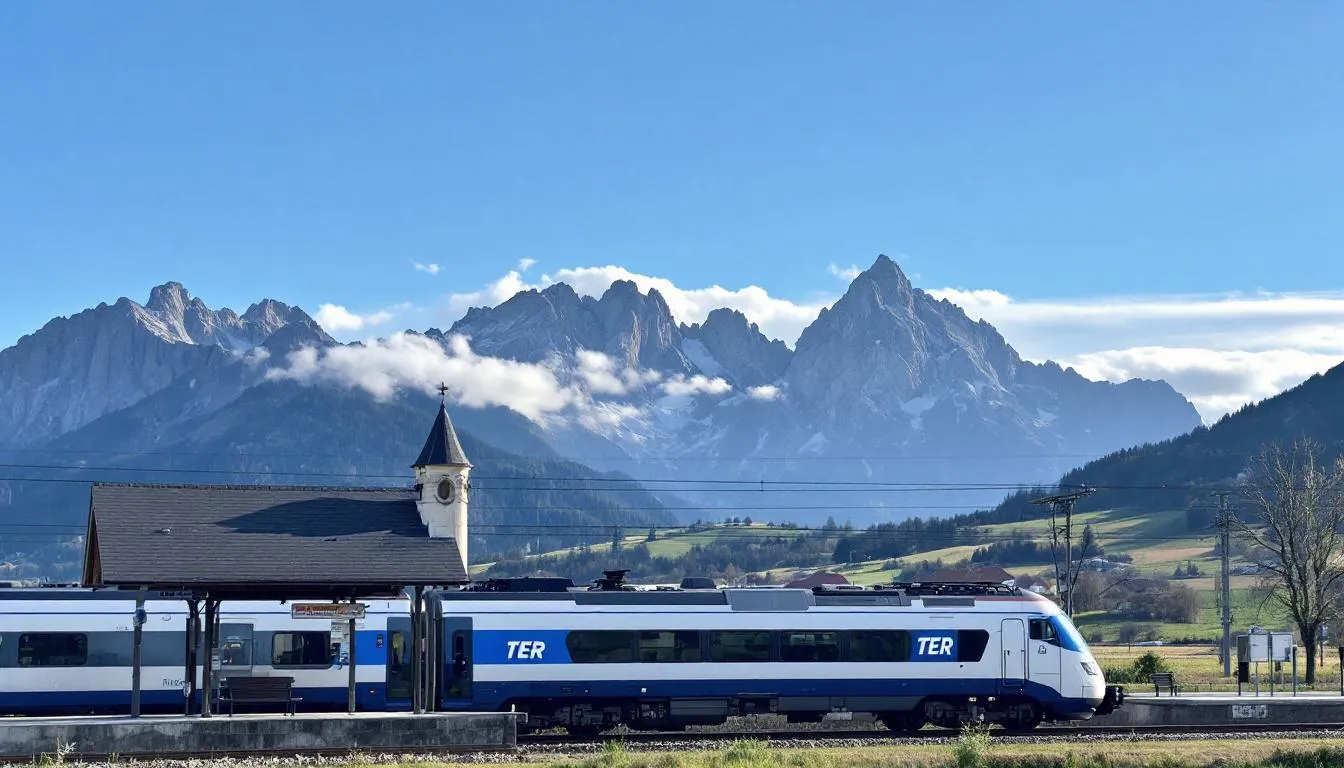 Trains in France A regional TER train is stopped at a quaint village station in France, surrounded by picturesque mountains in the background. This scene captures the charm of regional train services that connect small towns to major cities within the extensive railway network of France.