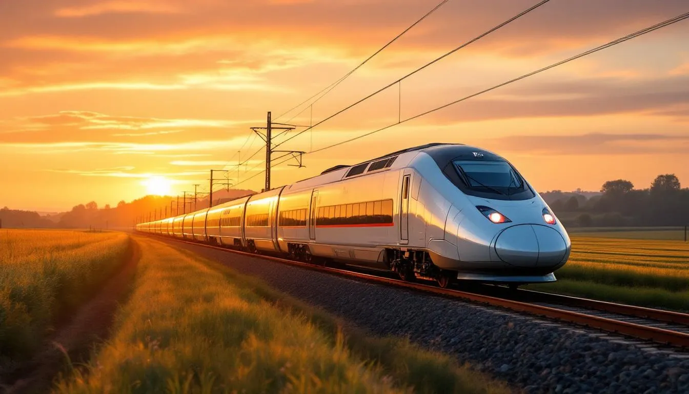 Trains in France A TGV high-speed train is seen traveling through the picturesque French countryside at sunset, with vibrant colors illuminating the sky. This modern train, part of France's extensive railway network, showcases the beauty of long-distance travel across the country.