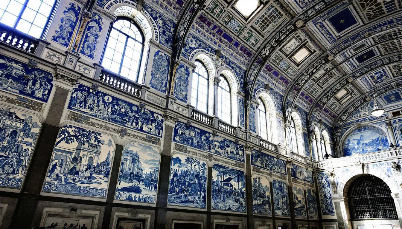 Trains in Portugal The interior of the historic São Bento railway station showcases stunning blue and white azulejo tile work, depicting various scenes from Portuguese culture. This ornate design enhances the atmosphere of the station, a key hub for regional and intercity trains connecting major cities and towns across Portugal.