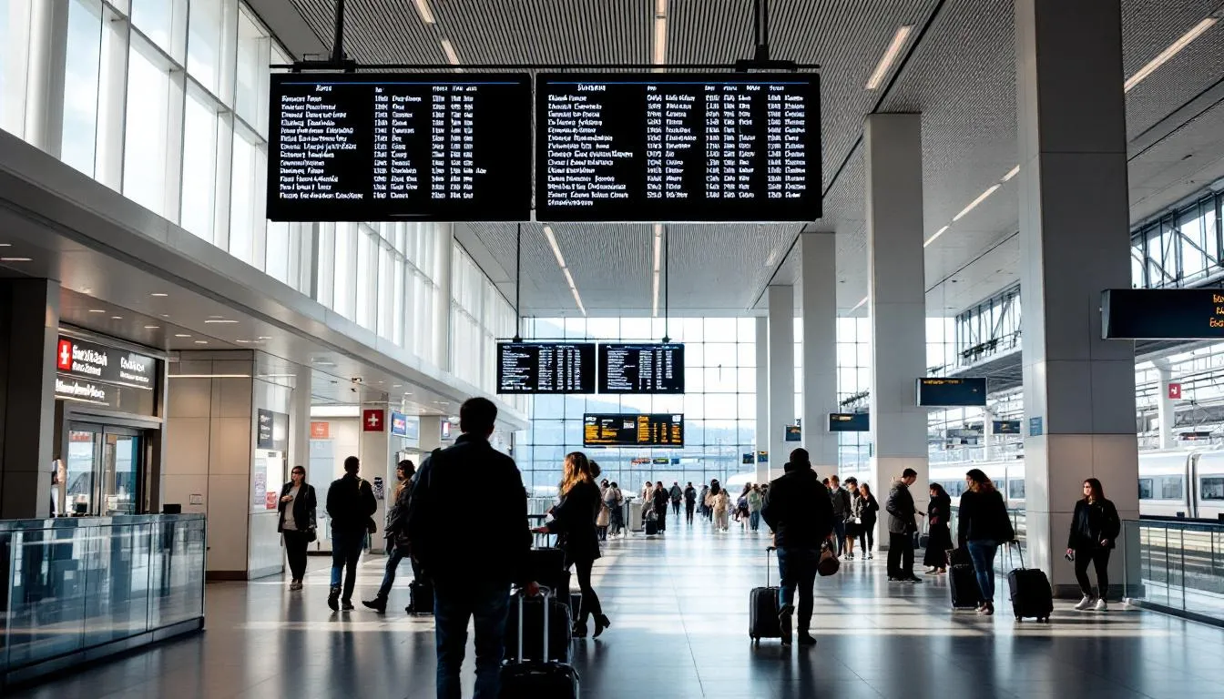 Trains in Switzerland The image depicts a modern Swiss train station interior featuring sleek architectural design, digital departure boards displaying train schedules, and passengers with luggage navigating the space. This vibrant scene highlights the efficiency of the Swiss railway network, making it an ideal hub for train travel across Switzerland and beyond.