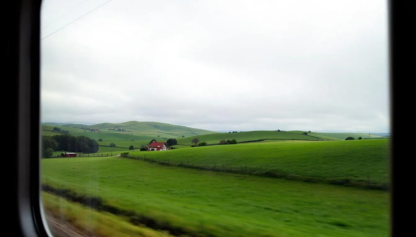 Trains in Denmark The image captures a scenic view of the Danish countryside as seen from a train window, showcasing rolling hills and expansive farmland, typical of train journeys through Denmark. This picturesque landscape highlights the beauty of the countryside, often experienced by passengers traveling on regional trains operated by the Danish state railways.