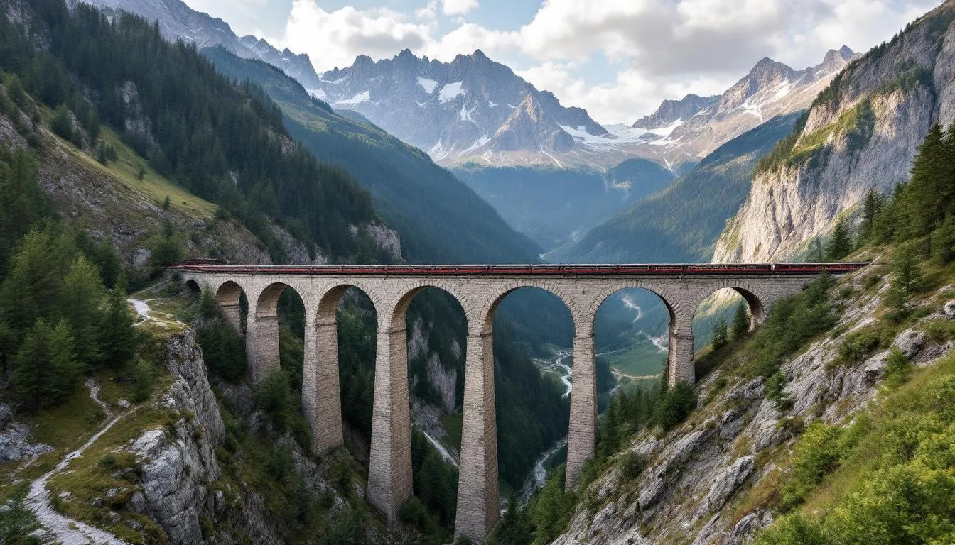 Trains in Austria The image depicts the historic Semmering Railway viaduct gracefully spanning a deep Alpine valley, with majestic mountain peaks rising in the background. This iconic structure is a key part of Austria's rail travel heritage, showcasing the beauty of the region while connecting major cities through the Austrian federal railways network.