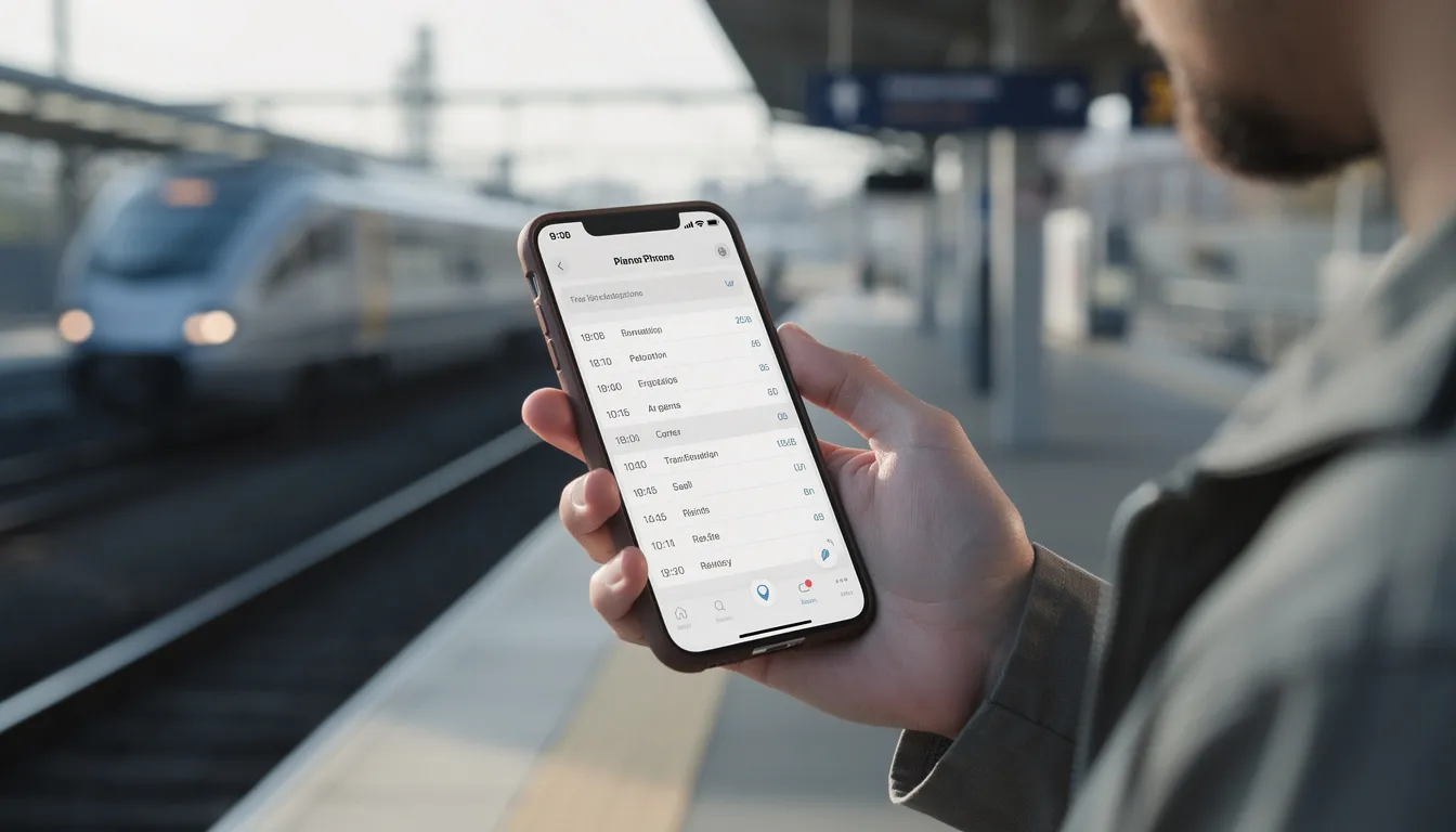 Is a Eurail Pass Worth It? A person stands at a railway platform, holding a smartphone that displays a train schedule app, which helps them plan their train journeys. This scene captures the essence of train travel, emphasizing the importance of planning ahead, especially when considering options like the Eurail pass for unlimited travel across Europe.