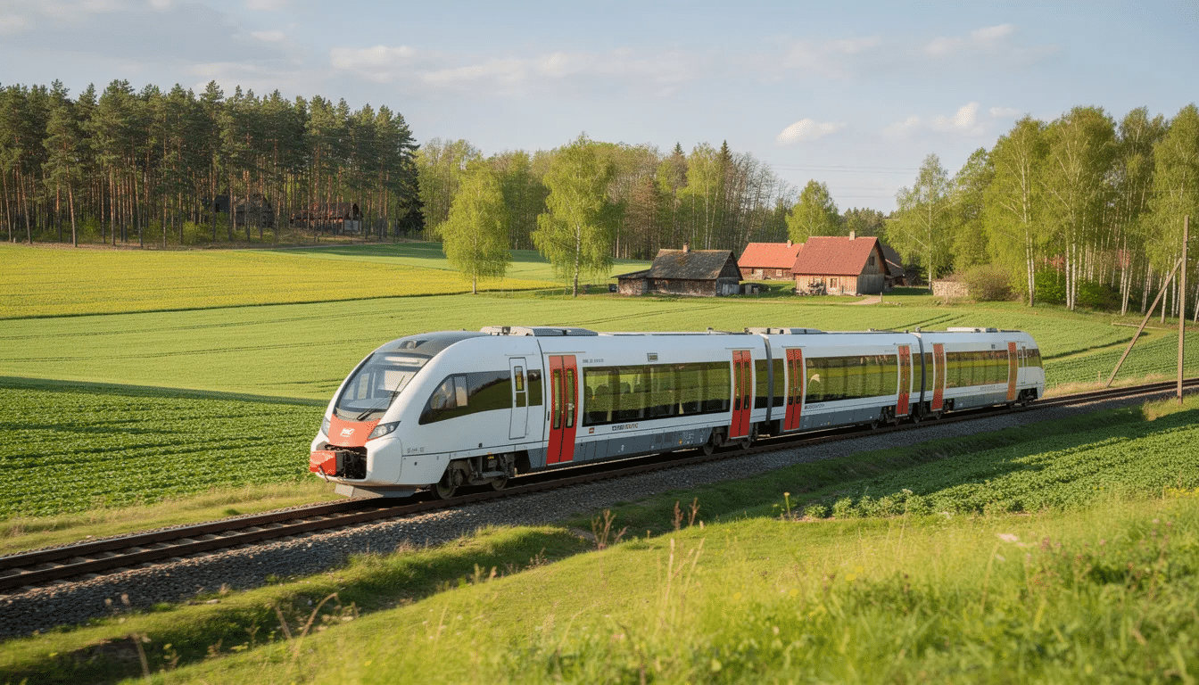 A sleek modern passenger train glides through the lush green countryside of Lithuania, surrounded by rolling hills and fields, showcasing the beauty of the landscape. This scene captures the essence of an interrail adventure, perfect for nature lovers exploring the Baltic states.