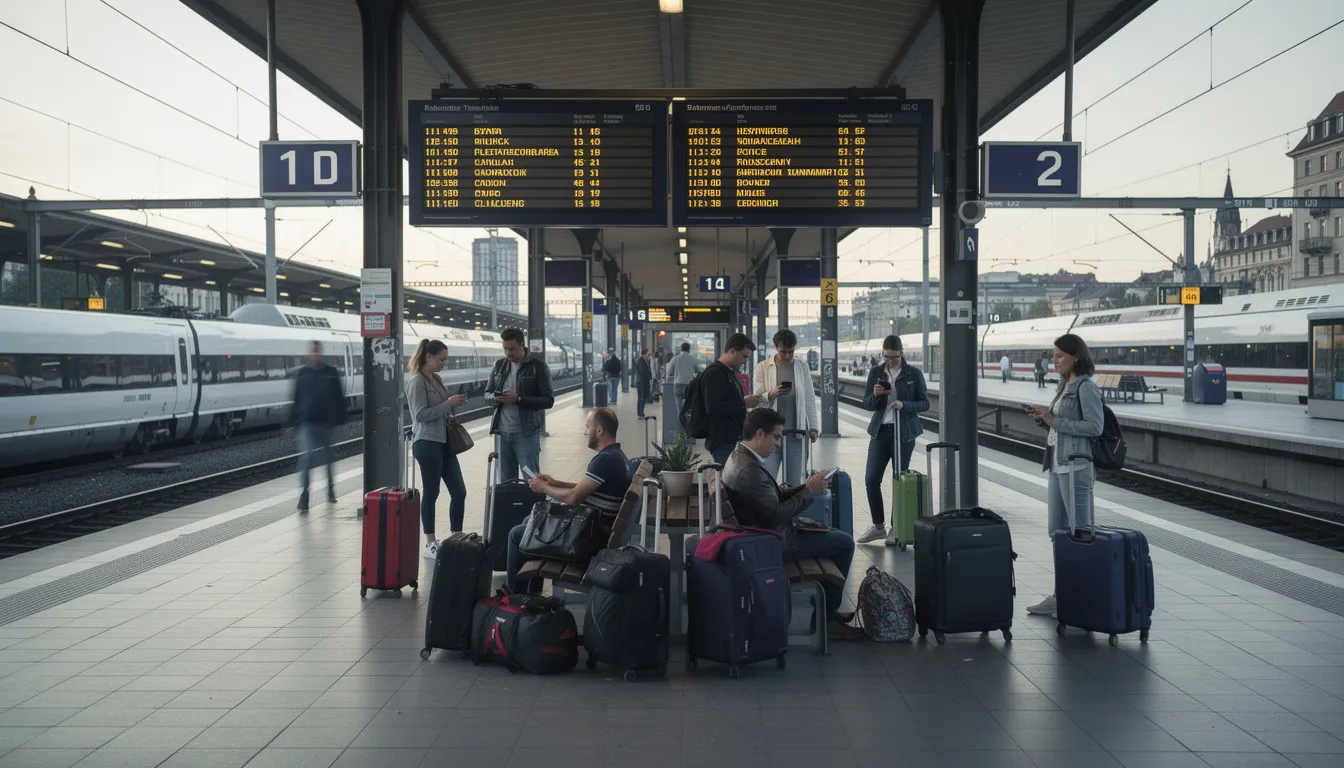 Eurail Global Pass A group of travelers with luggage waits on a bustling European train station platform, where departure boards display various train schedules. The scene captures the excitement of train travel across 33 European countries, highlighting the convenience of using an Eurail Global Pass for unlimited train travel.