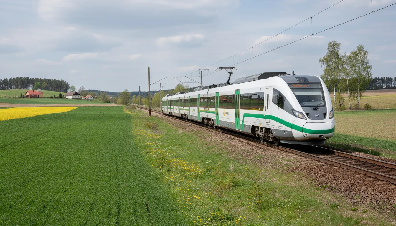 Trains in Lithuania A modern electric train is traveling through the scenic Lithuanian countryside, flanked by lush green fields on both sides. This image captures the essence of the Lithuanian rail network, showcasing a passenger service journey amidst the tranquil landscape.