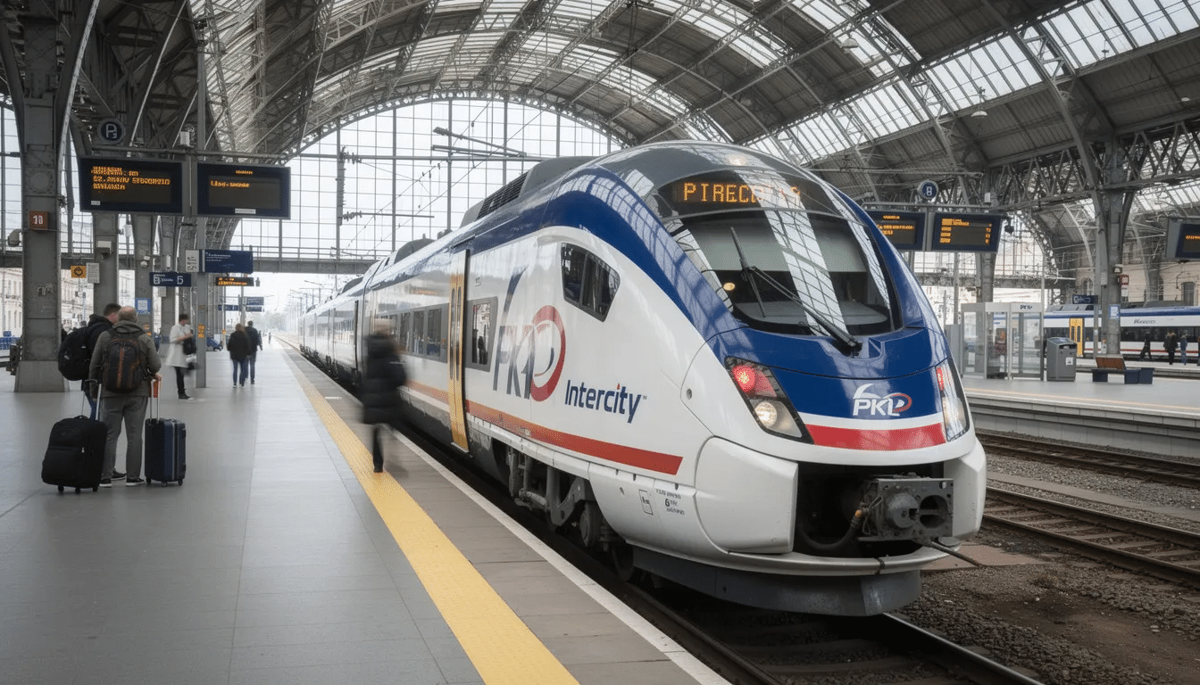 Interrail i Polen Ett modernt polskt intercitytåg är stationerat på en livlig järnvägsplattform, omgiven av färgglada byggnader som är typiska för större städer i Polen. Denna scen återspeglar anslutningen till landets passagerartåg, inklusive regional- och långdistanstjänster, som länkar olika destinationer för resenärer som använder ett interrailkort.