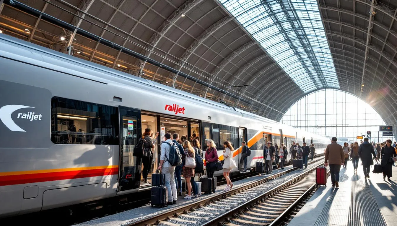 Trains in Austria A modern Railjet train from the Austrian Federal Railways is seen at Vienna Central Station, with passengers boarding and preparing for their journey across Austria and neighboring countries. The scene captures the bustling atmosphere of the train station, highlighting the convenience of train travel in major cities.