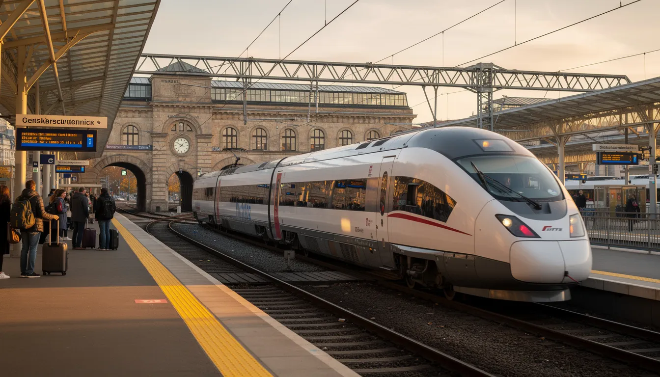 Trains in Slovakia A modern electric train arrives at a platform in a bustling Central European city, showcasing the efficiency of the railway network in Slovakia. Passengers gather around ticket machines, preparing for their journey to various destinations, including neighboring countries like Austria and Hungary.