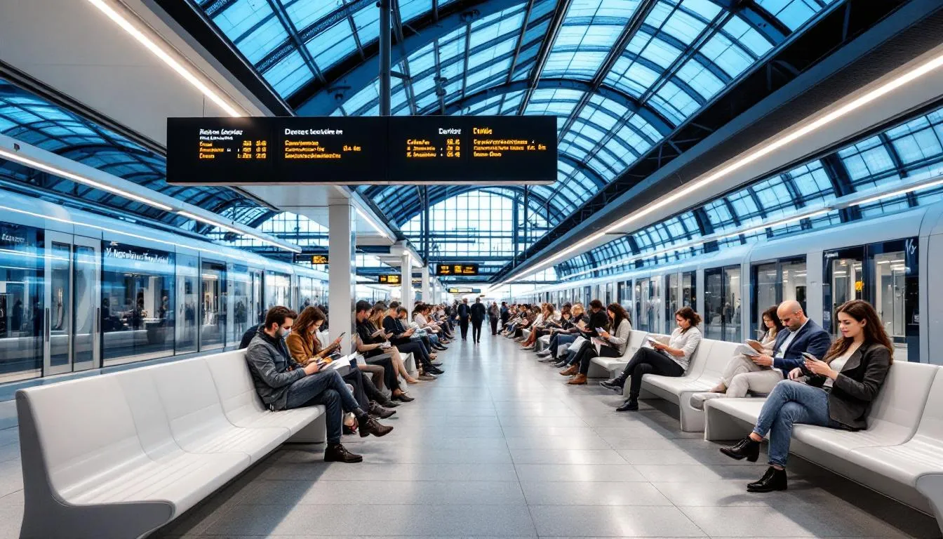 Trains in France The image depicts a modern French train station platform bustling with waiting passengers, featuring digital departure boards displaying schedules for high-speed TGV trains and regional services. Travelers can be seen checking their train tickets and making seat reservations as they prepare for their journeys to major cities across France.