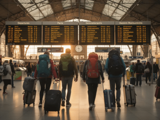 Passengers under departure boards in a busy train station