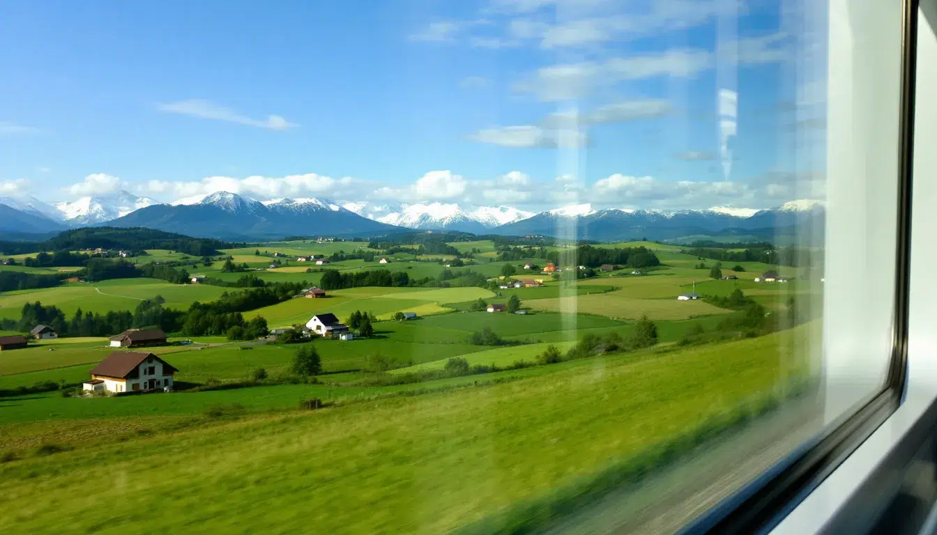 Eurail Pass A breathtaking view of the European countryside from a train window reveals rolling mountains and lush valleys, inviting travelers to explore with a Eurail Global Pass for unlimited train travel across participating countries. The scene captures the essence of picturesque landscapes, perfect for those planning their next adventure through Europe.