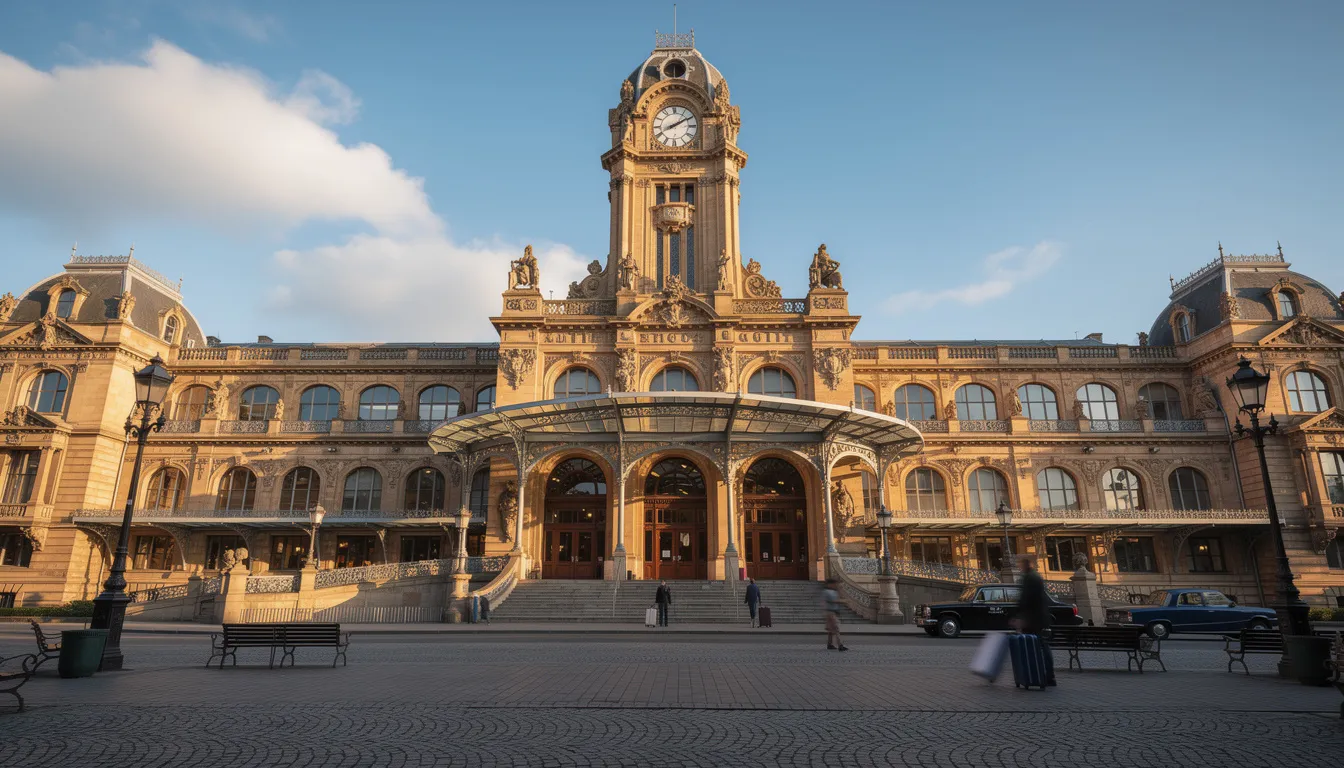 Trains in Luxembourg The image depicts a grand historic railway station building characterized by its ornate architecture and a prominent clock tower, serving as Luxembourg's main train station. This architectural marvel is a hub for regional and intercity trains that connect Luxembourg to major cities and international destinations.
