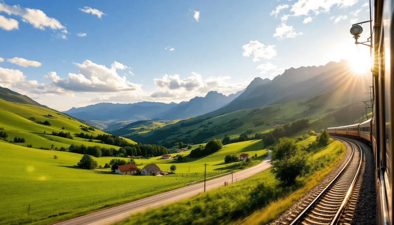 Trains in Croatia The image captures a stunning view of the Croatian countryside as seen from a train window, showcasing rolling mountains and lush valleys. This picturesque scenery is a highlight for travelers on intercity train routes, connecting Croatia's major cities like Zagreb and Split.