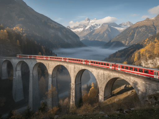 Red train crossing a mountain viaduct in the Alps