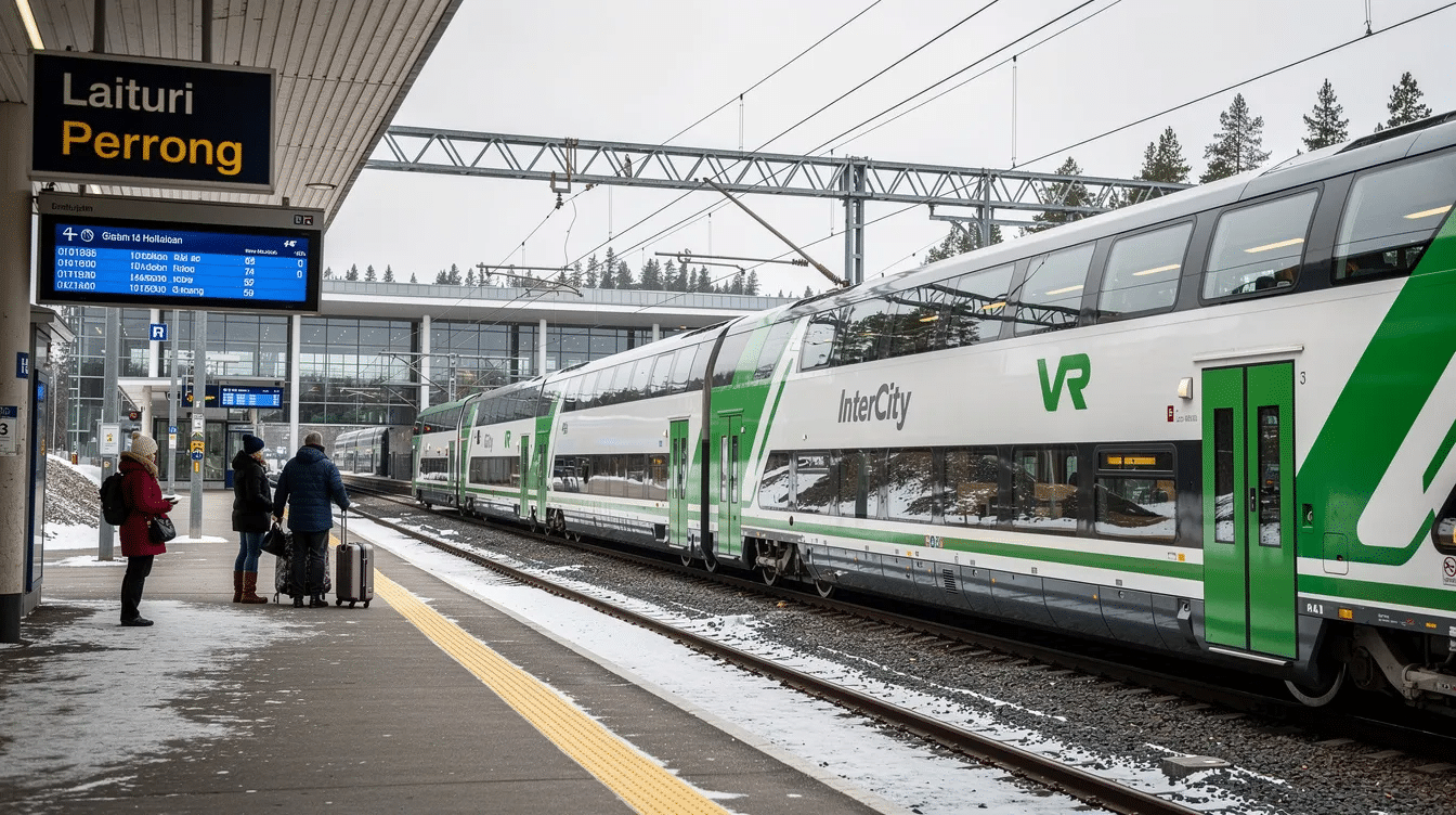 Interrail in Finland A modern double-deck InterCity train is seen at a Finnish train station platform, ready to embark on journeys across Finland. The train, designed for comfort and efficiency, is a popular choice for travelers using an Interrail pass to explore the beautiful landscapes and cities of Finland.